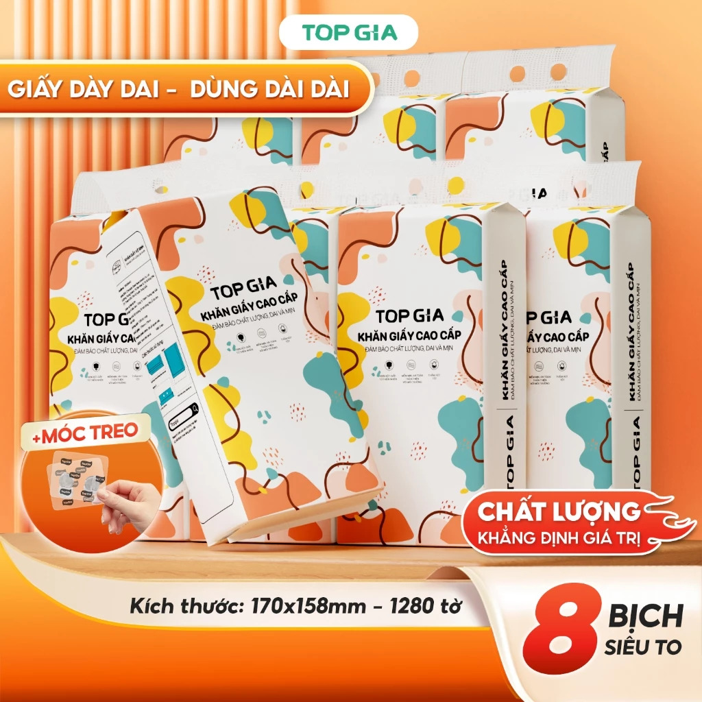 [LOẠI TO ĐẶC BIỆT] Thùng 8 bịch khăn giấy rút Top Gia treo tường đa sắc 1280 tờ, siêu dai và mềm mịn